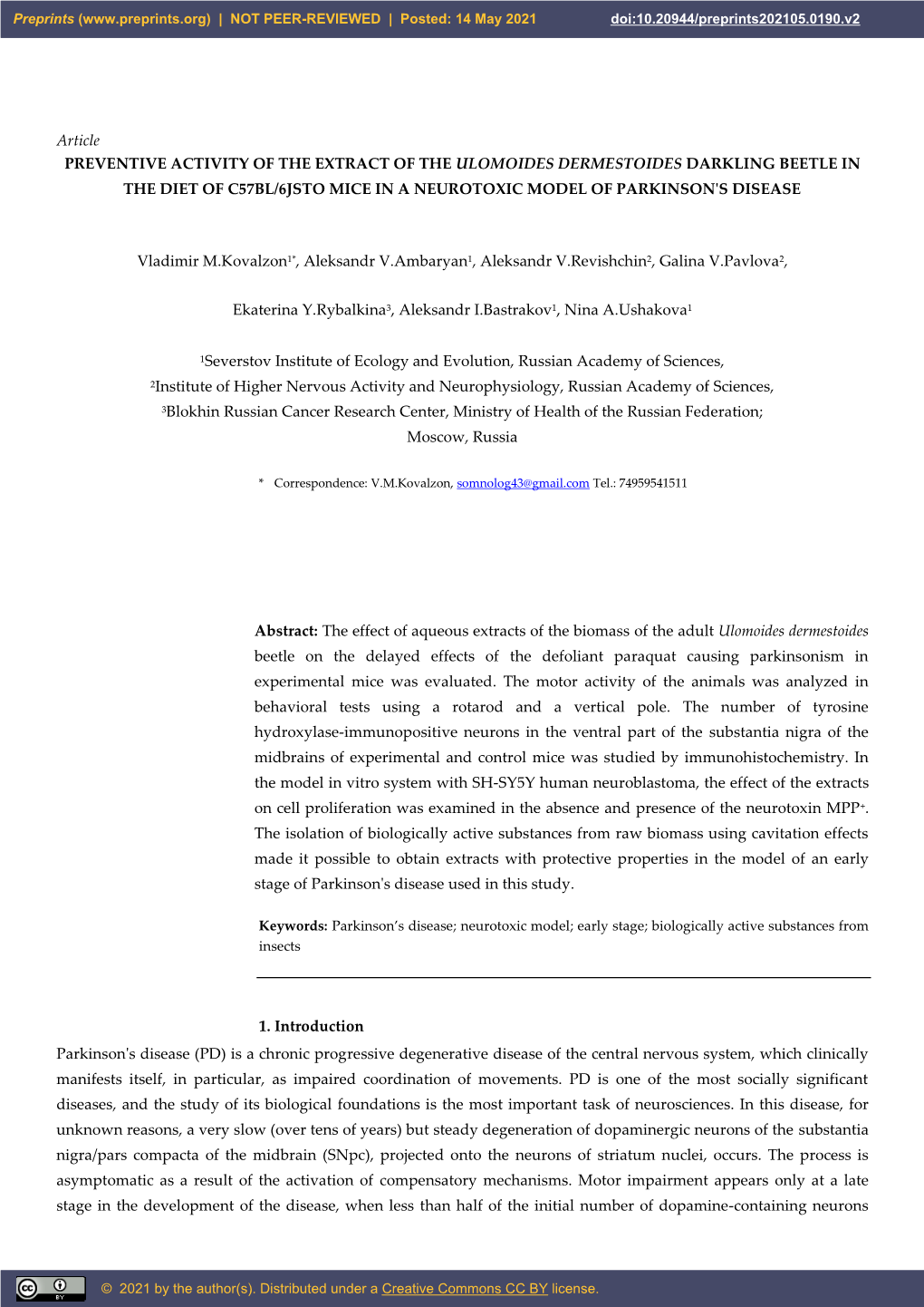 Article PREVENTIVE ACTIVITY of the EXTRACT of the ULOMOIDES DERMESTOIDES DARKLING BEETLE in the DIET of C57BL/6JSTO MICE in a NEUROTOXIC MODEL of PARKINSON's DISEASE