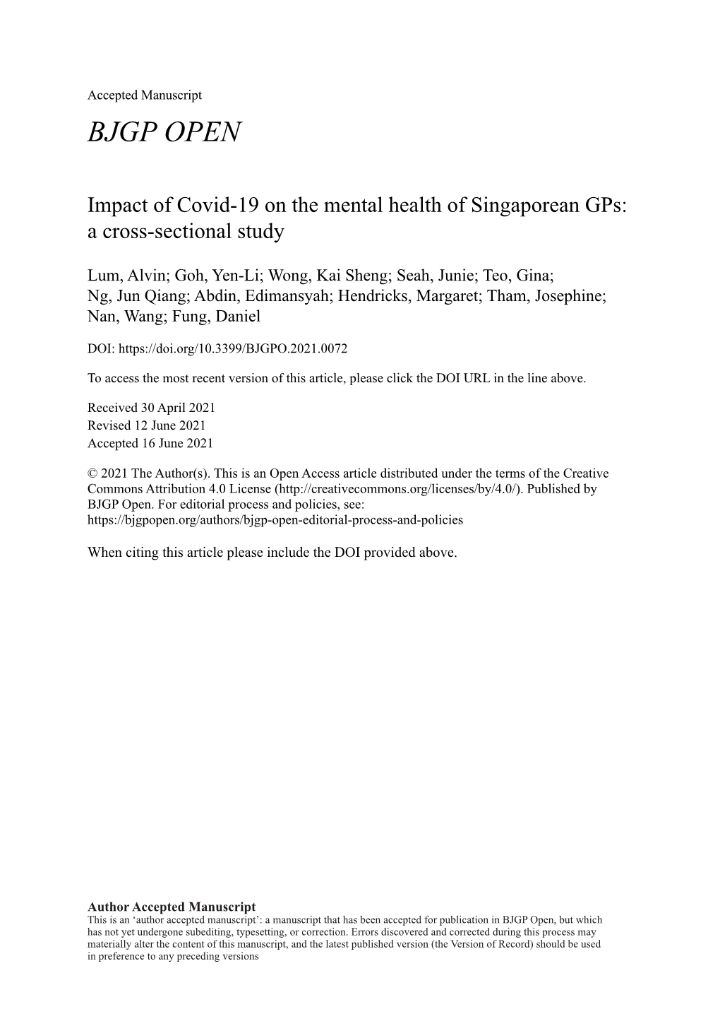 Impact of Covid-19 on the Mental Health of Singaporean Gps: a Cross-Sectional Study