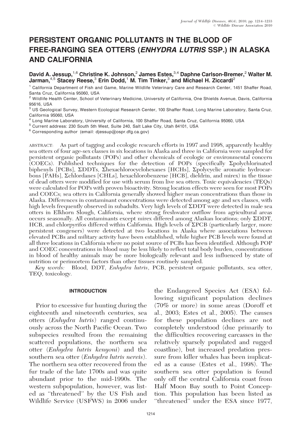 Persistent Organic Pollutants in the Blood of Free-Ranging Sea Otters (Enhydra Lutris Ssp.) in Alaska and California