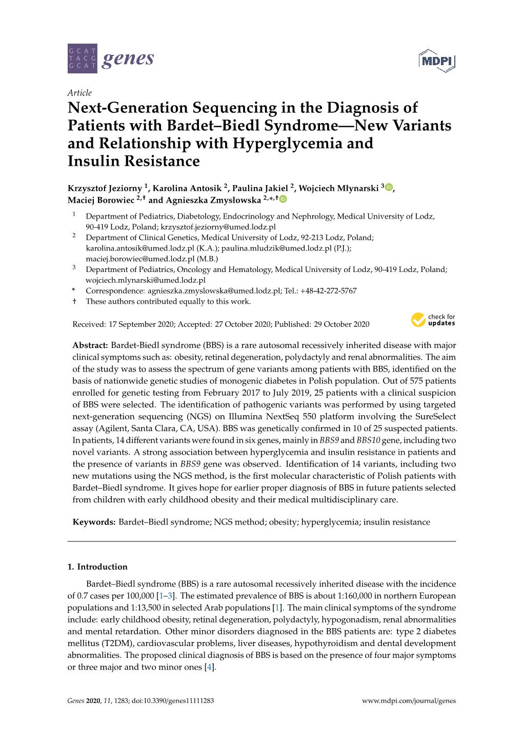 Next-Generation Sequencing in the Diagnosis of Patients with Bardet–Biedl Syndrome—New Variants and Relationship with Hyperglycemia and Insulin Resistance