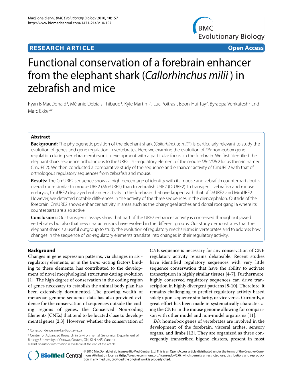 Callorhinchus Milii ) in Zebrafish and Mice