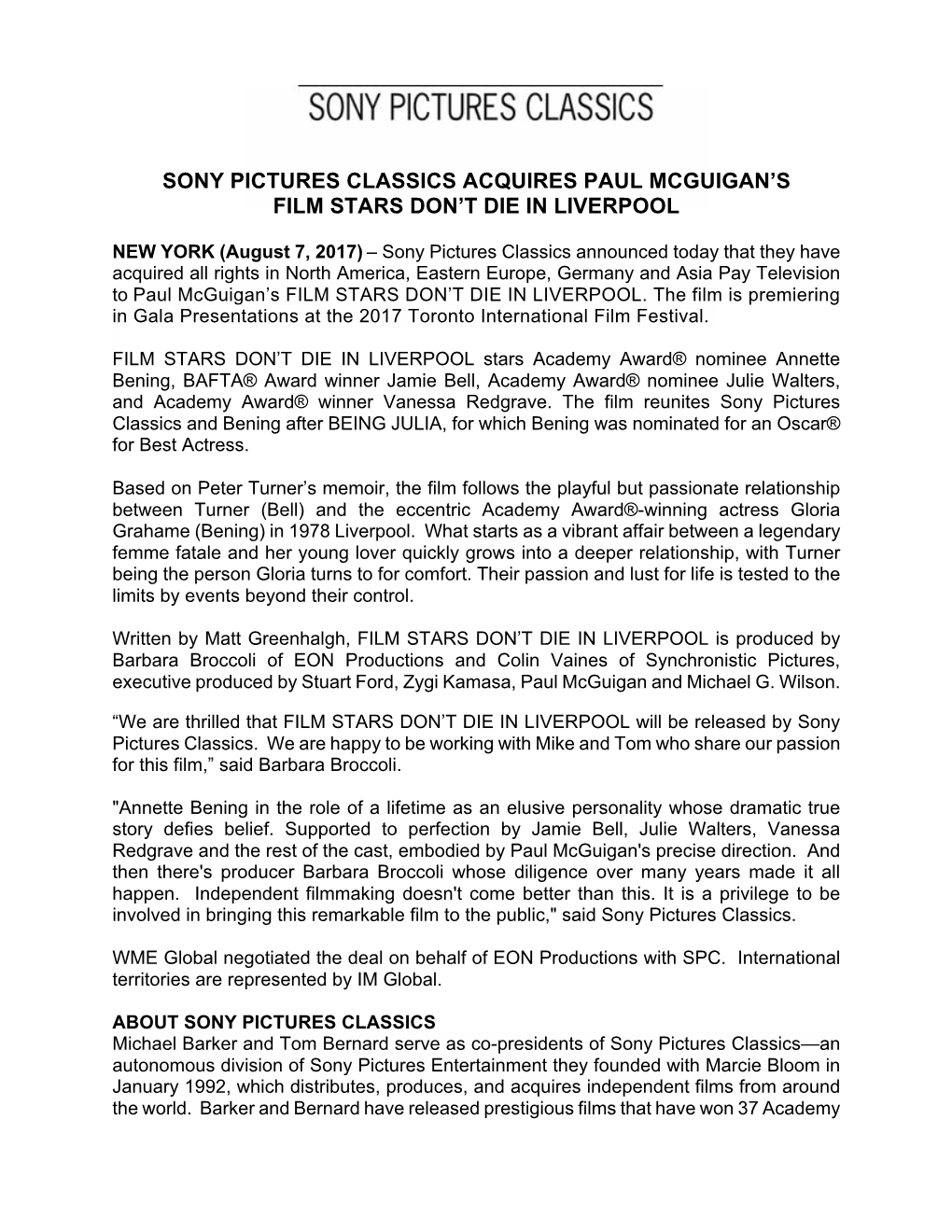 Sony Pictures Classics Acquires Paul Mcguigan's Film Stars Don't Die in Liverpool