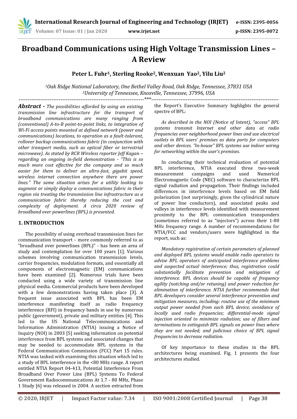 Broadband Communications Using High Voltage Transmission Lines – a Review