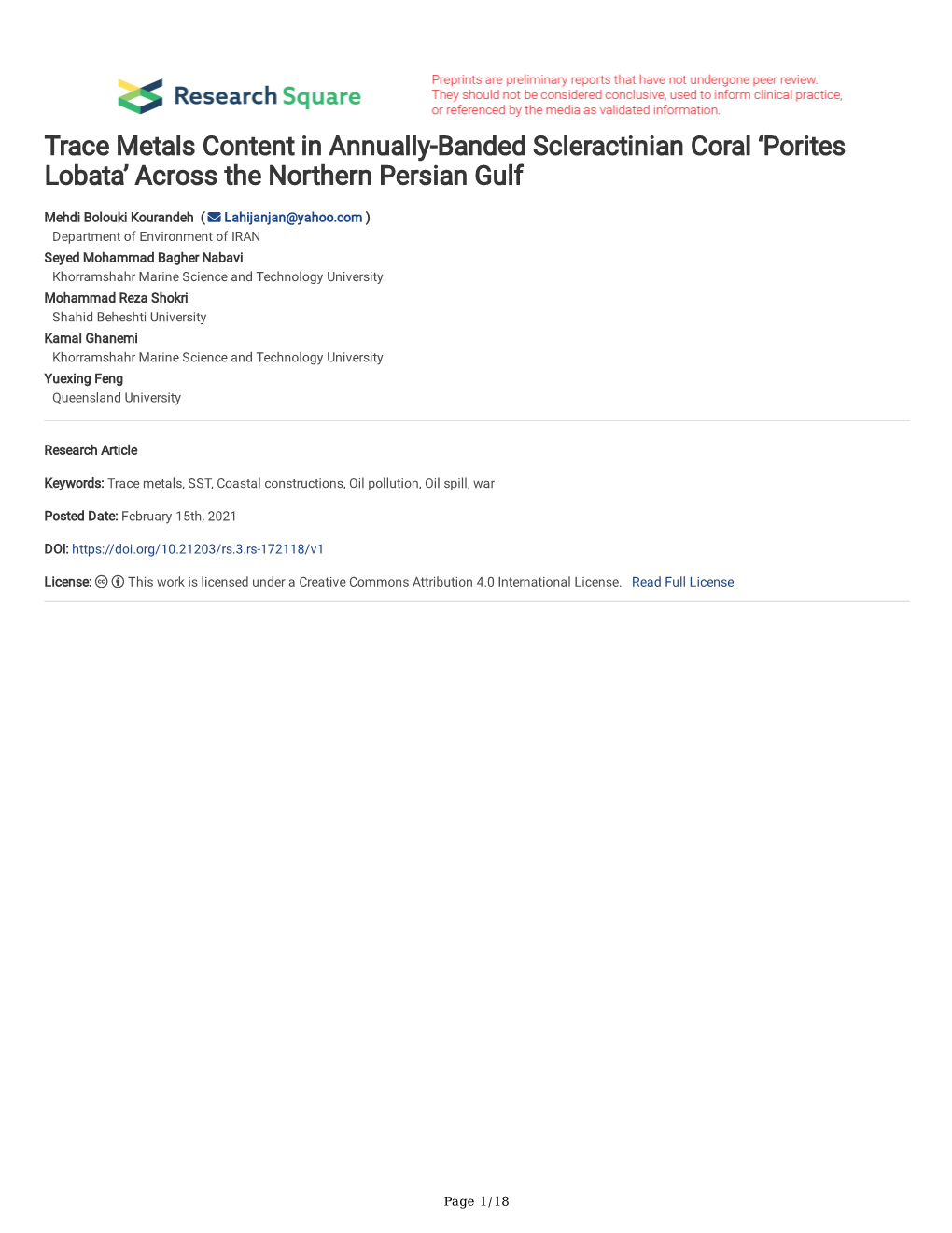 Trace Metals Content in Annually-Banded Scleractinian Coral ‘Porites Lobata’ Across the Northern Persian Gulf