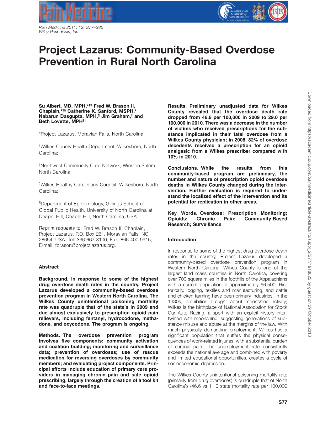Project Lazarus: Communitybased Overdose Prevention in Rural North Carolina