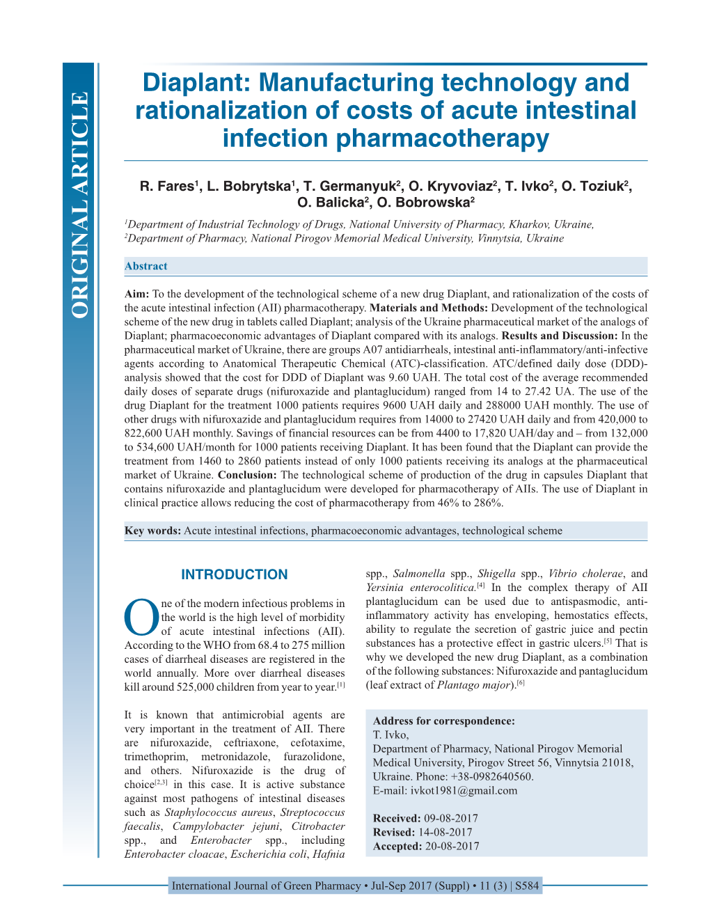 Diaplant: Manufacturing Technology and Rationalization of Costs of Acute Intestinal Infection Pharmacotherapy