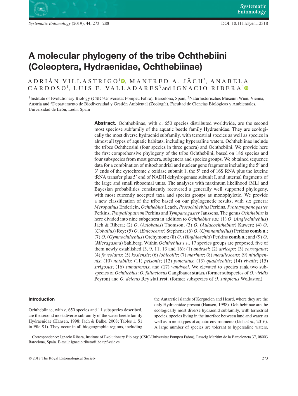 A Molecular Phylogeny of the Tribe Ochthebiini (Coleoptera, Hydraenidae, Ochthebiinae)