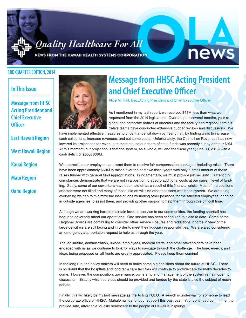 Message from HHSC Acting President and Chief Executive Officer