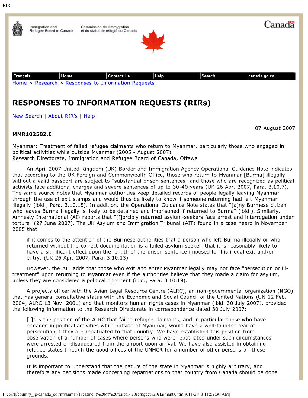 RESPONSES to INFORMATION REQUESTS (Rirs)