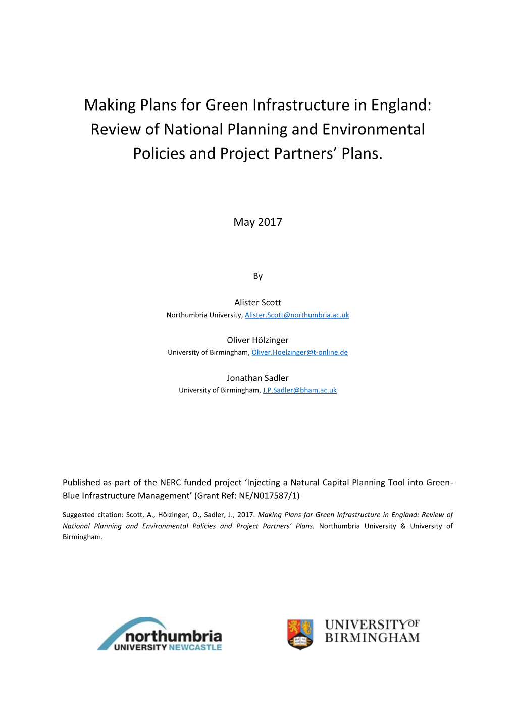 Making Plans for Green Infrastructure in England: Review of National Planning and Environmental Policies and Project Partners’ Plans