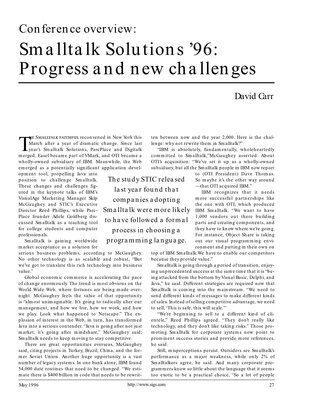 Smalltalk Solutions ’96: Progress and New Challenges