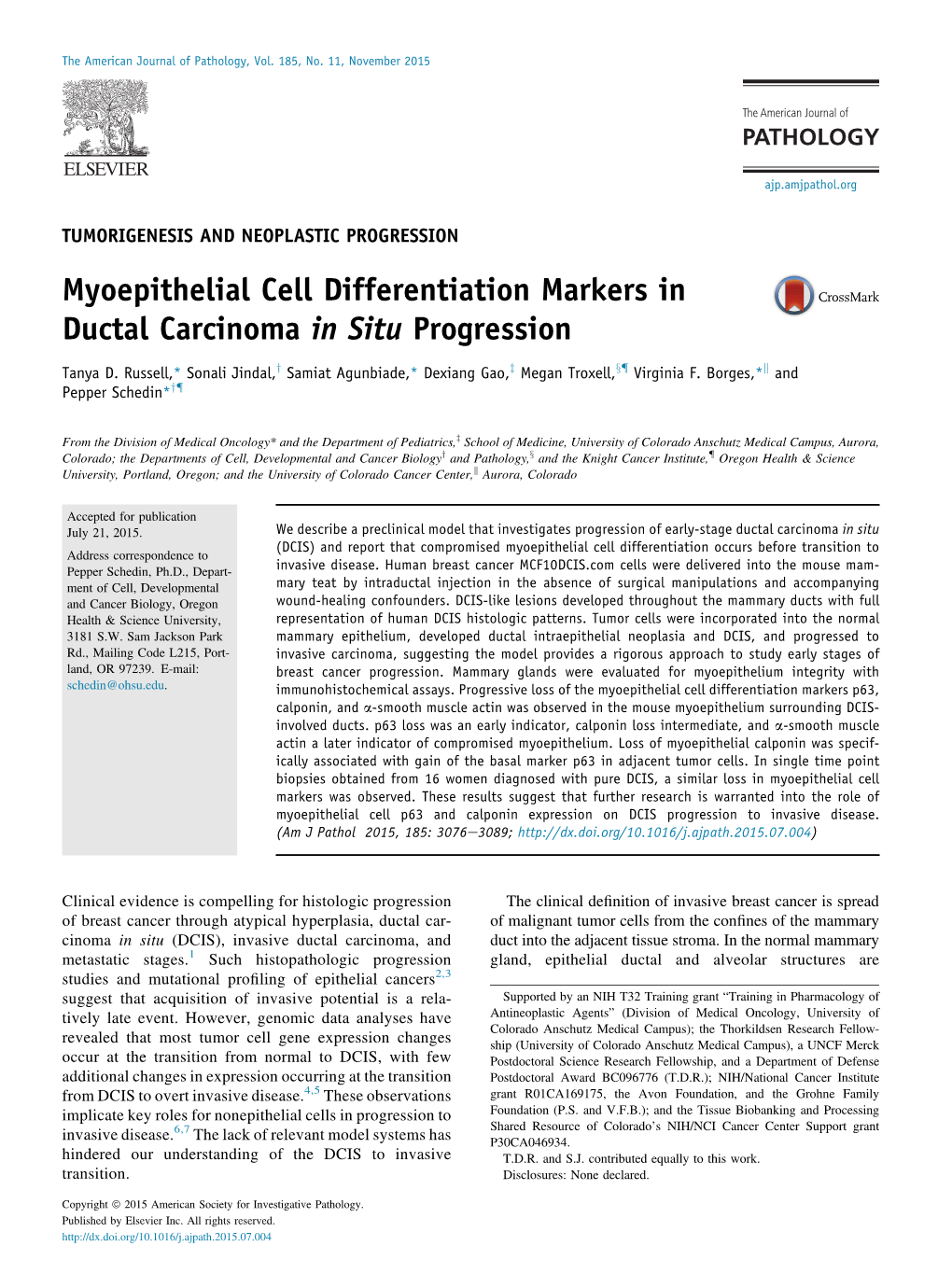 Myoepithelial Cell Differentiation Markers in Ductal Carcinoma in Situ Progression
