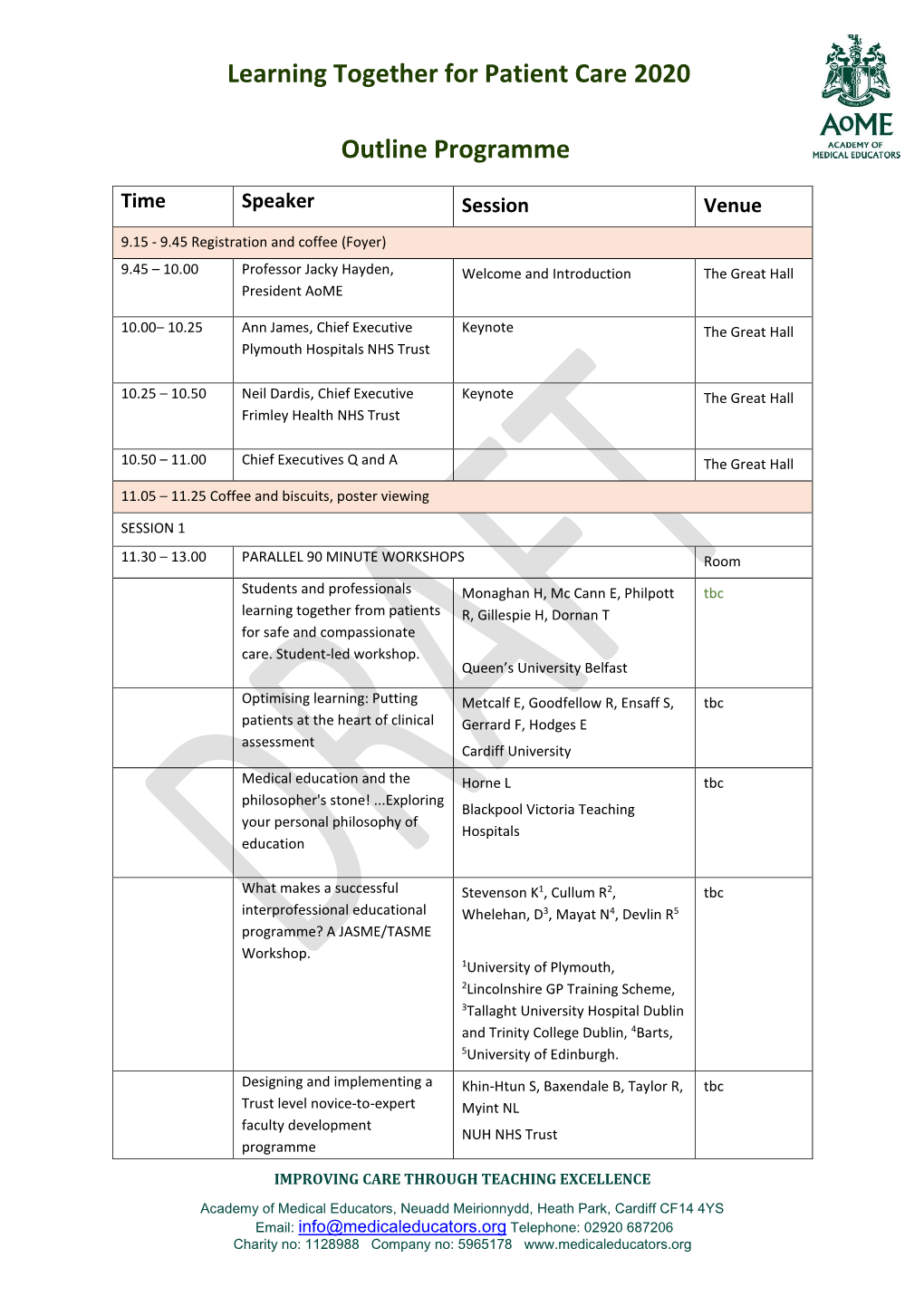 Learning Together for Patient Care 2020 Outline Programme