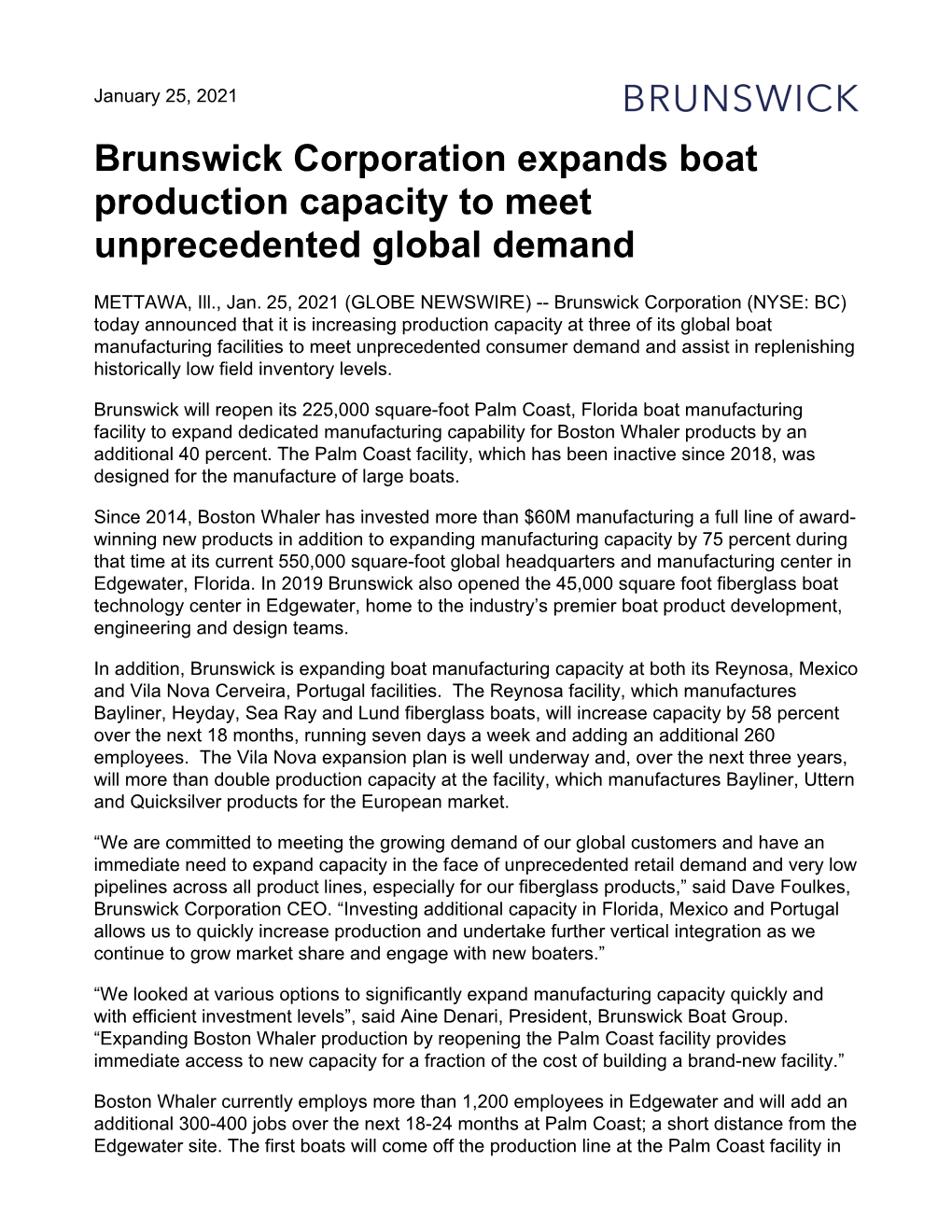 Brunswick Corporation Expands Boat Production Capacity to Meet Unprecedented Global Demand