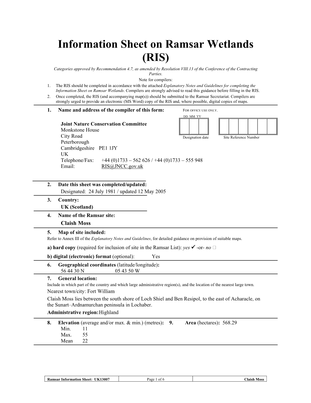 Information Sheet on Ramsar Wetlands (RIS) Categories Approved by Recommendation 4.7, As Amended by Resolution VIII.13 of the Conference of the Contracting Parties