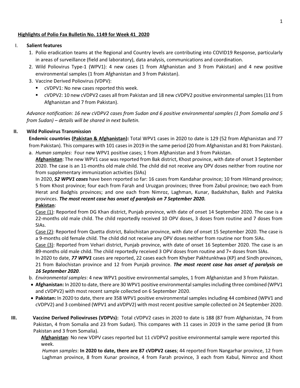 1 Highlights of Polio Fax Bulletin No. 1149 for Week 41 2020 I. Salient