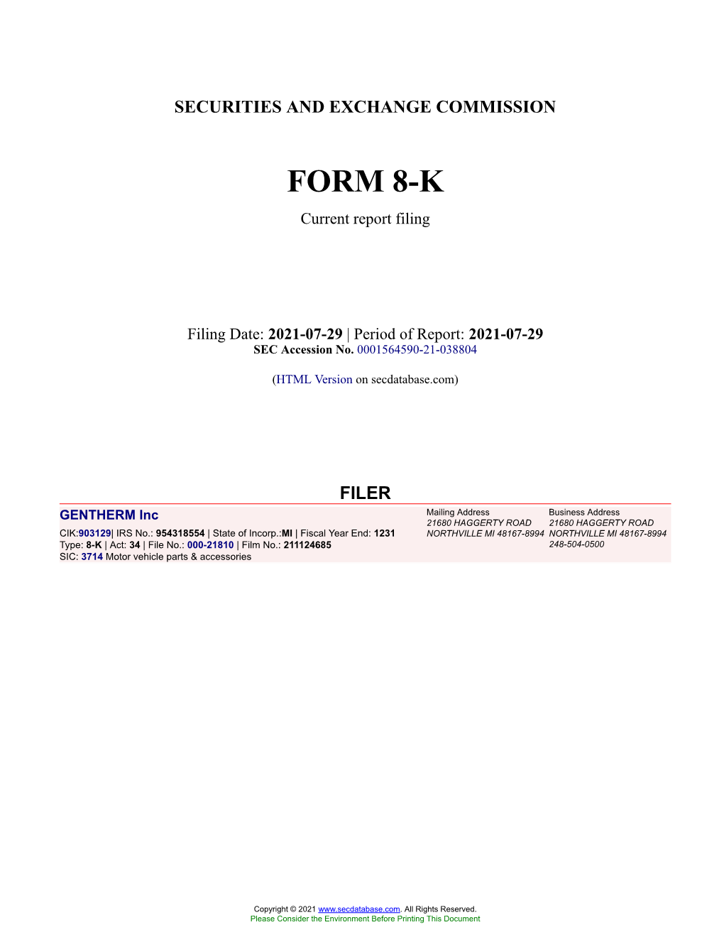 GENTHERM Inc Form 8-K Current Event Report Filed 2021-07-29