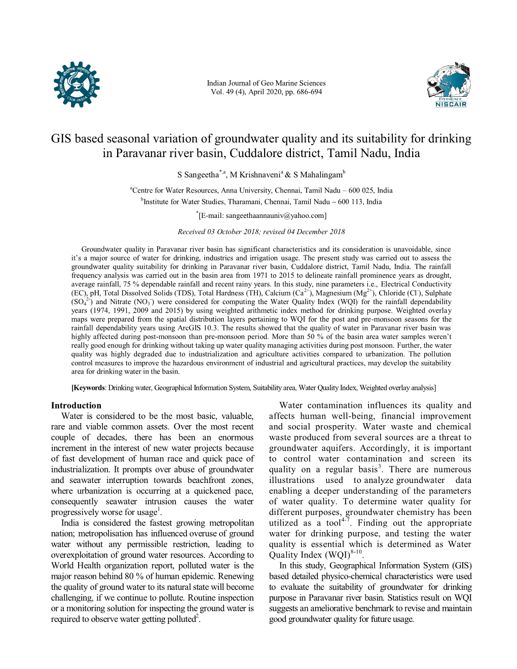 GIS Based Seasonal Variation of Groundwater Quality and Its Suitability for Drinking in Paravanar River Basin, Cuddalore District, Tamil Nadu, India