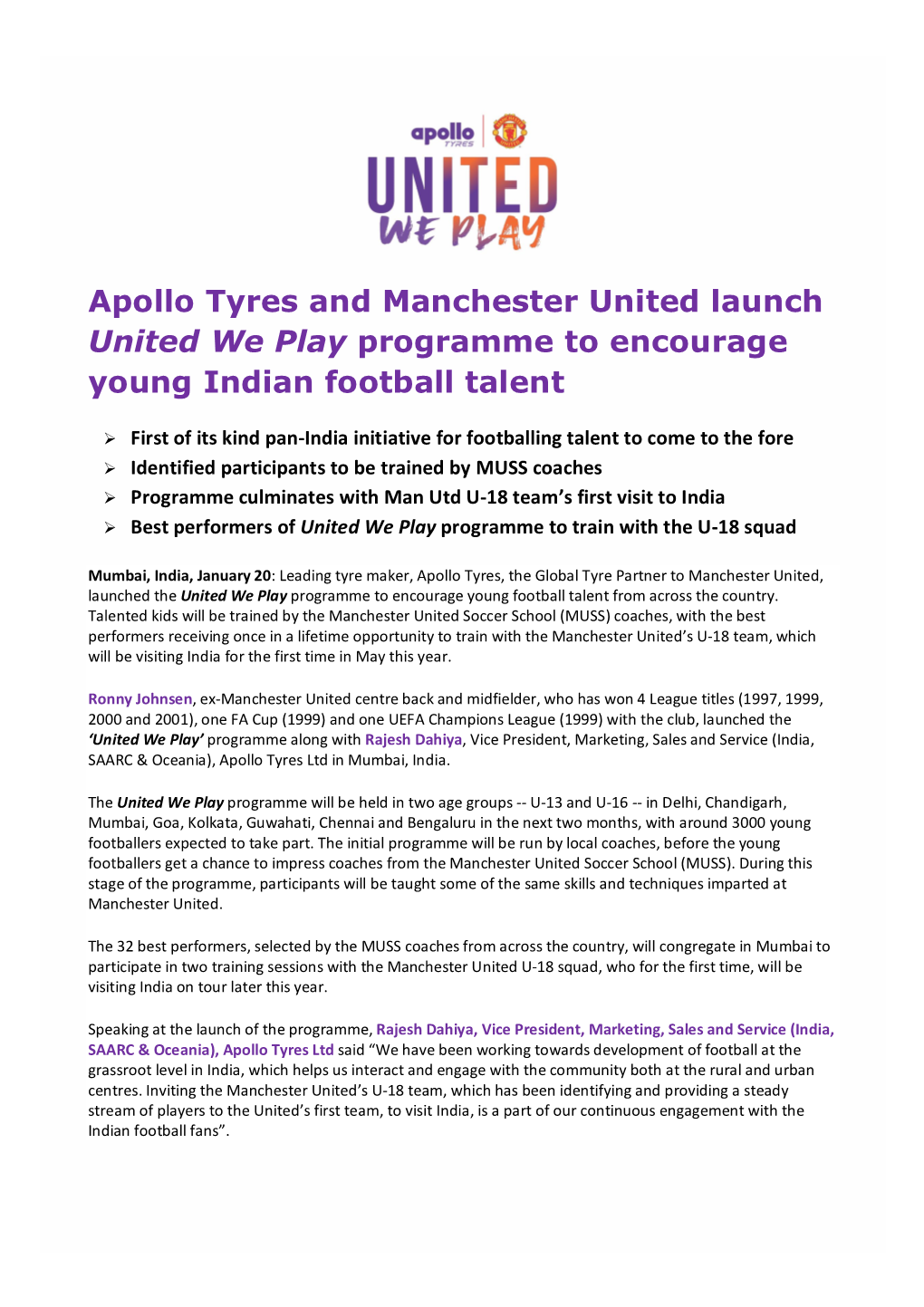 Apollo Tyres and Manchester United Launch United We Play Programme to Encourage Young Indian Football Talent