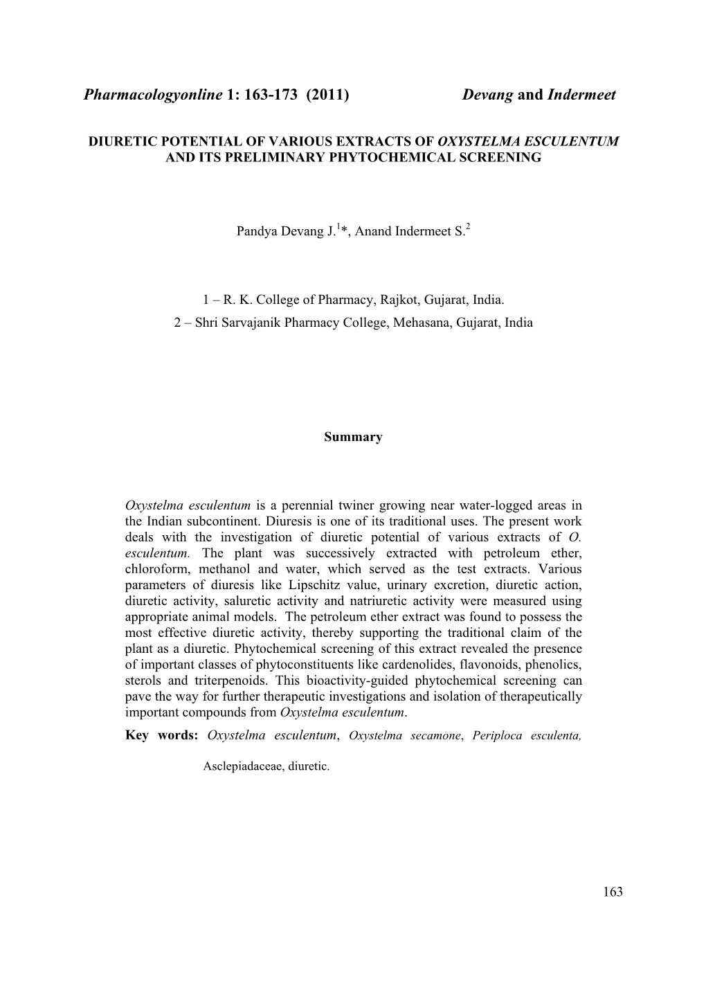 Pharmacologyonline 1: 163-173 (2011) Devang and Indermeet