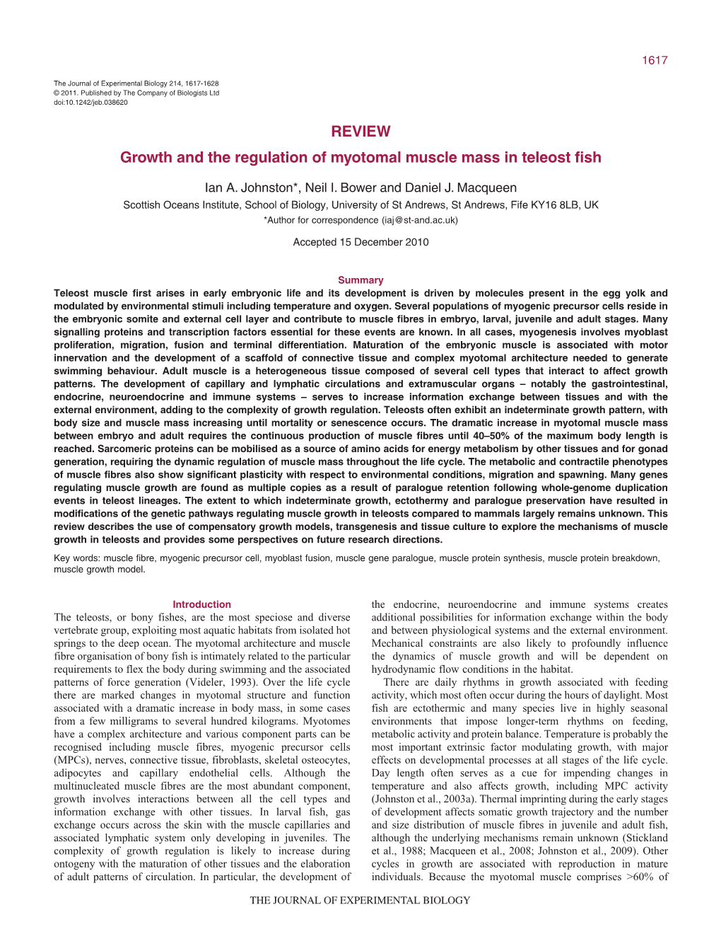 REVIEW Growth and the Regulation of Myotomal Muscle Mass in Teleost Fish