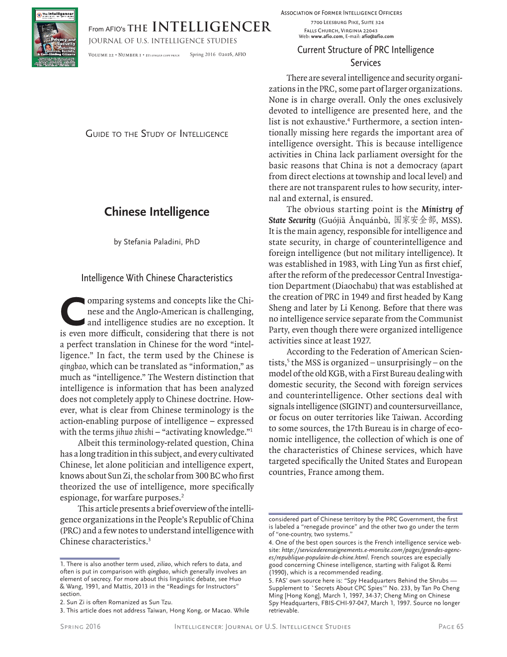 Chinese Intelligence from AFIO's the INTELLIGENCER