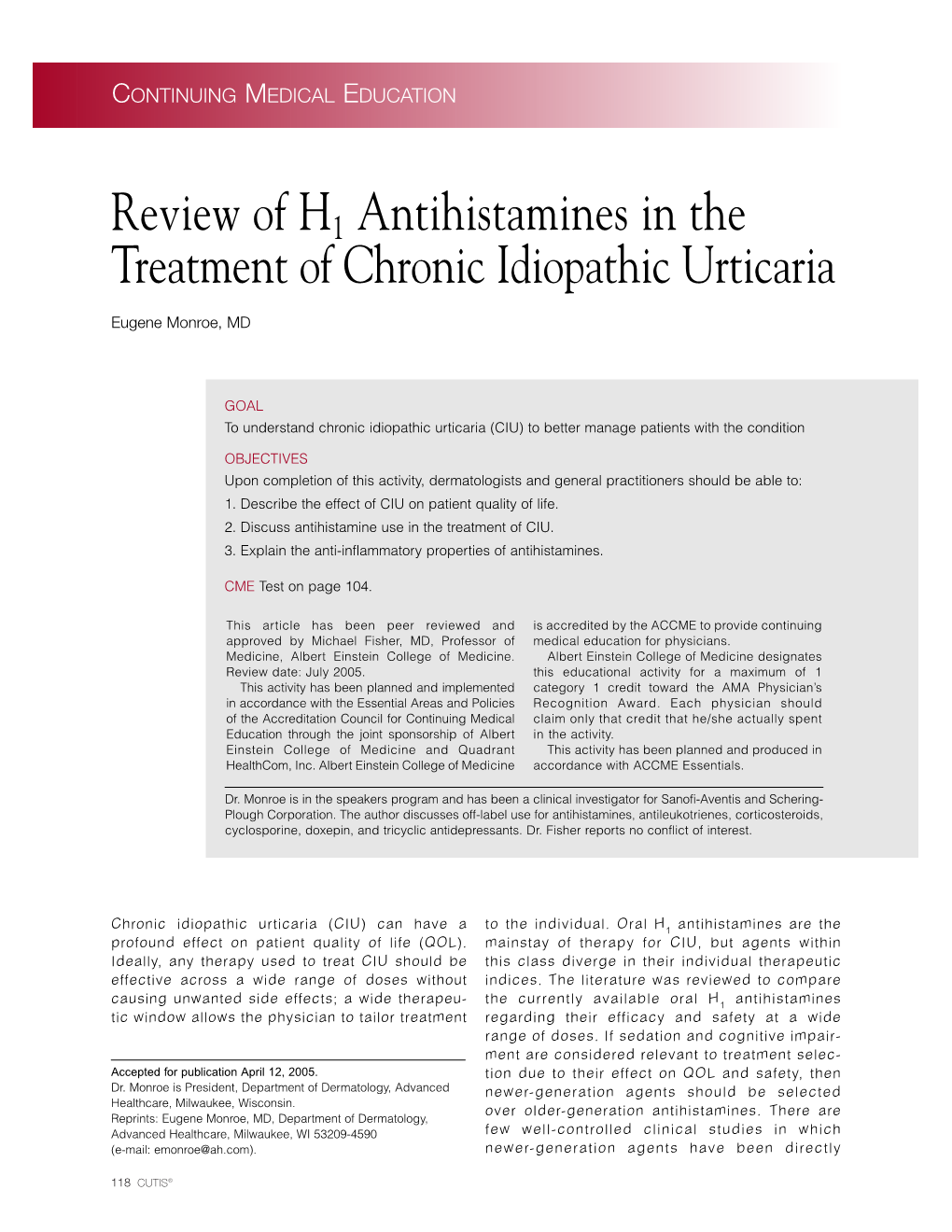 Review of H1 Antihistamines in the Treatment of Chronic Idiopathic Urticaria