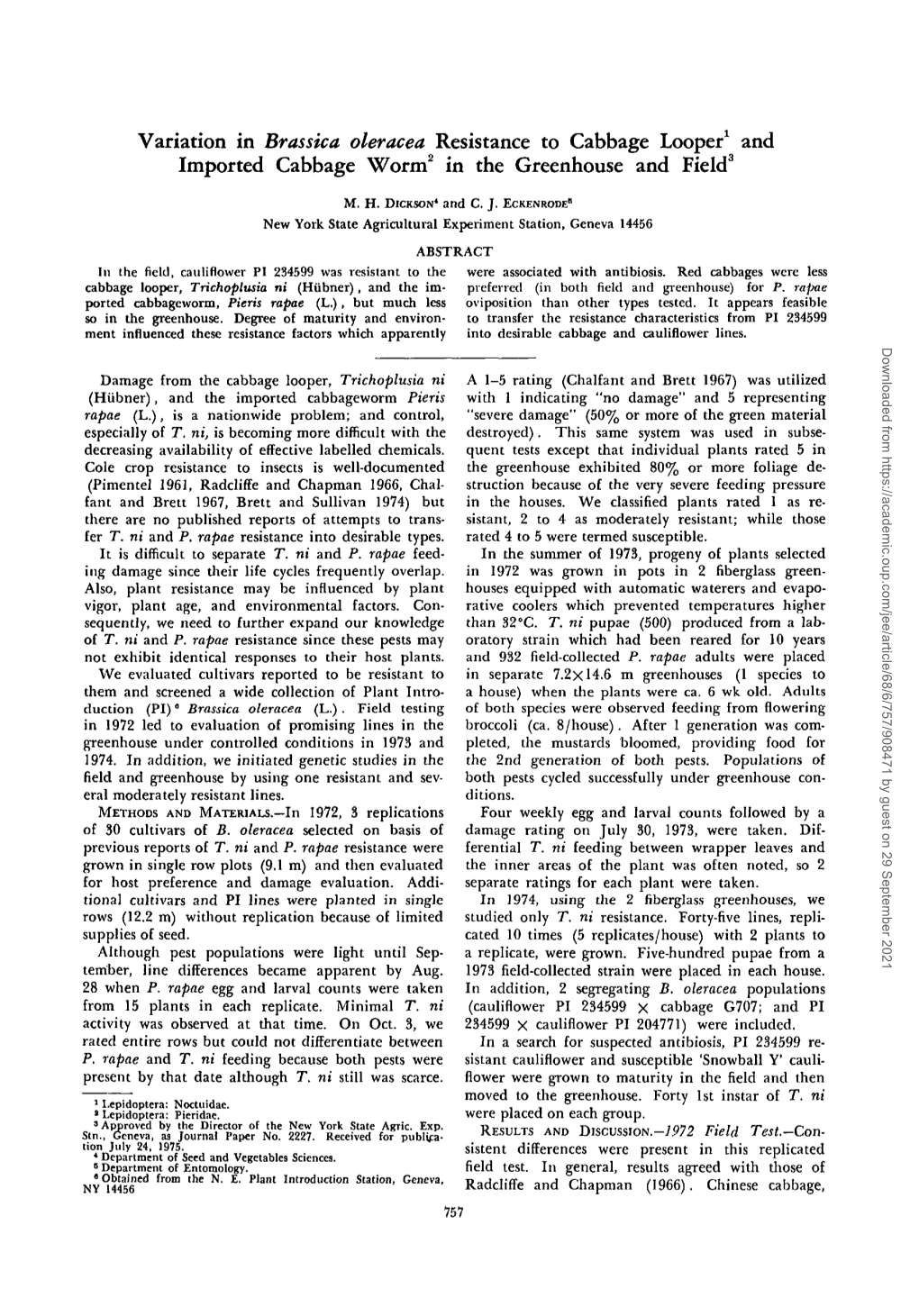 Variation in <I>Brassica Oleracea</I> Resistance to Cabbage Looper And