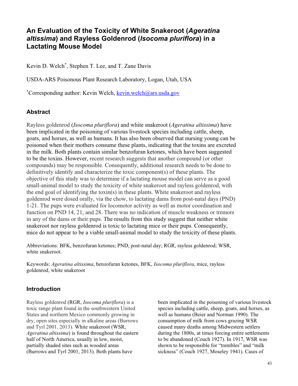 An Evaluation of the Toxicity of White Snakeroot (Ageratina Altissima) and Rayless Goldenrod (Isocoma Pluriflora) in a Lactating Mouse Model