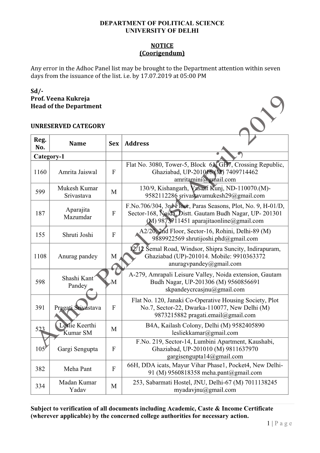 DEPARTMENT of POLITICAL SCIENCE UNIVERSITY of DELHI Subject to Verification of All Documents Including Academic, Caste &