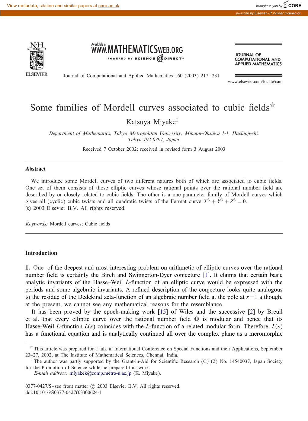 Some Families of Mordell Curves Associated to Cubic Fields