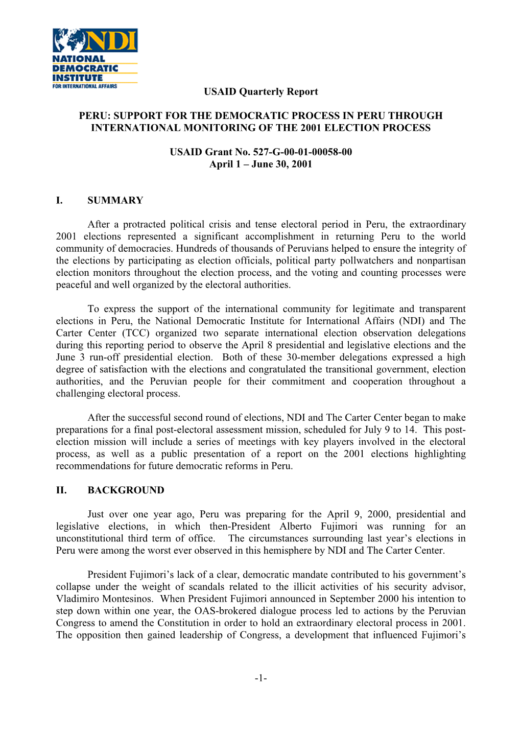 Support for the Democratic Process in Peru Through International Monitoring of the 2001 Election Process