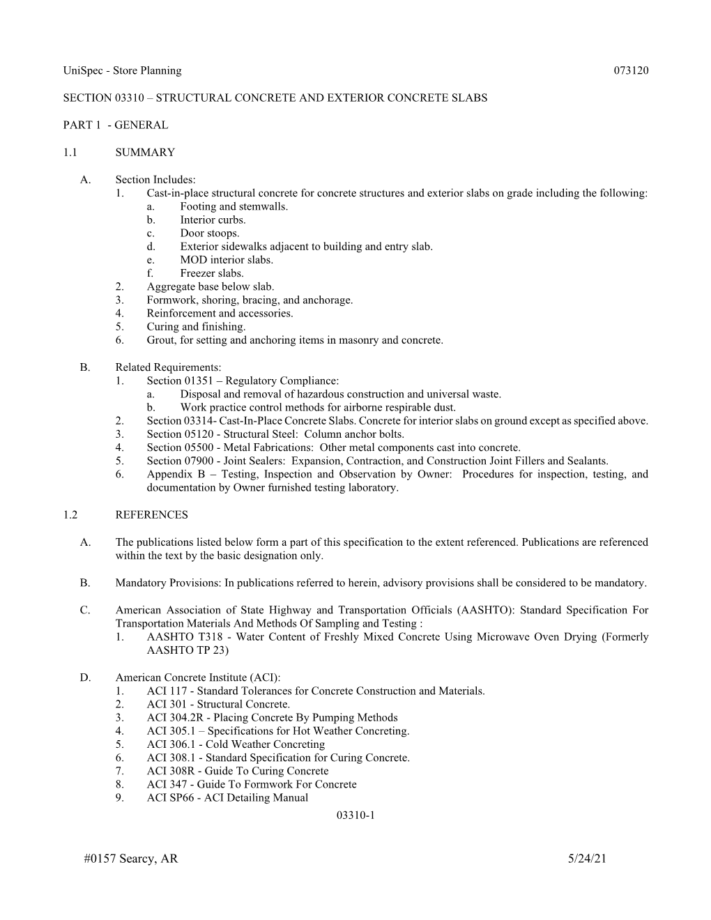 Section 03310 – Structural Concrete and Exterior Concrete Slabs