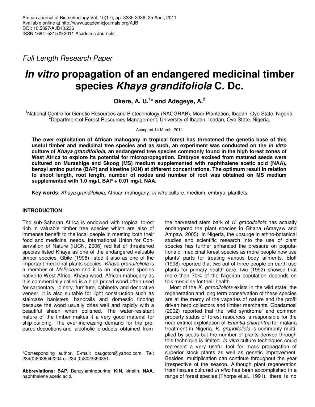 In Vitro Propagation of an Endangered Medicinal Timber Species Khaya Grandifoliola C