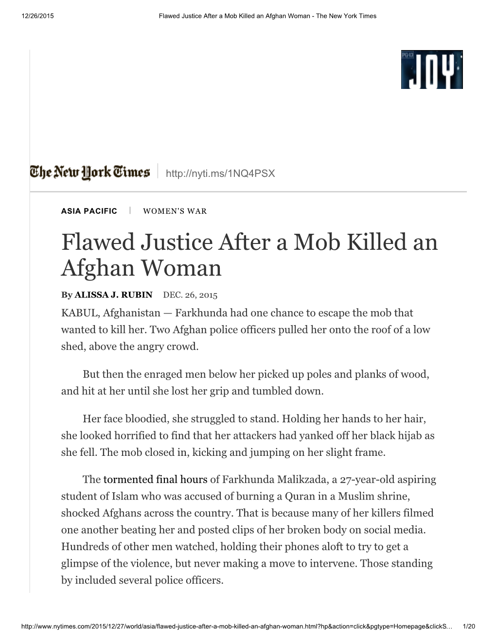 Flawed Justice After a Mob Killed an Afghan Woman ­ the New York Times