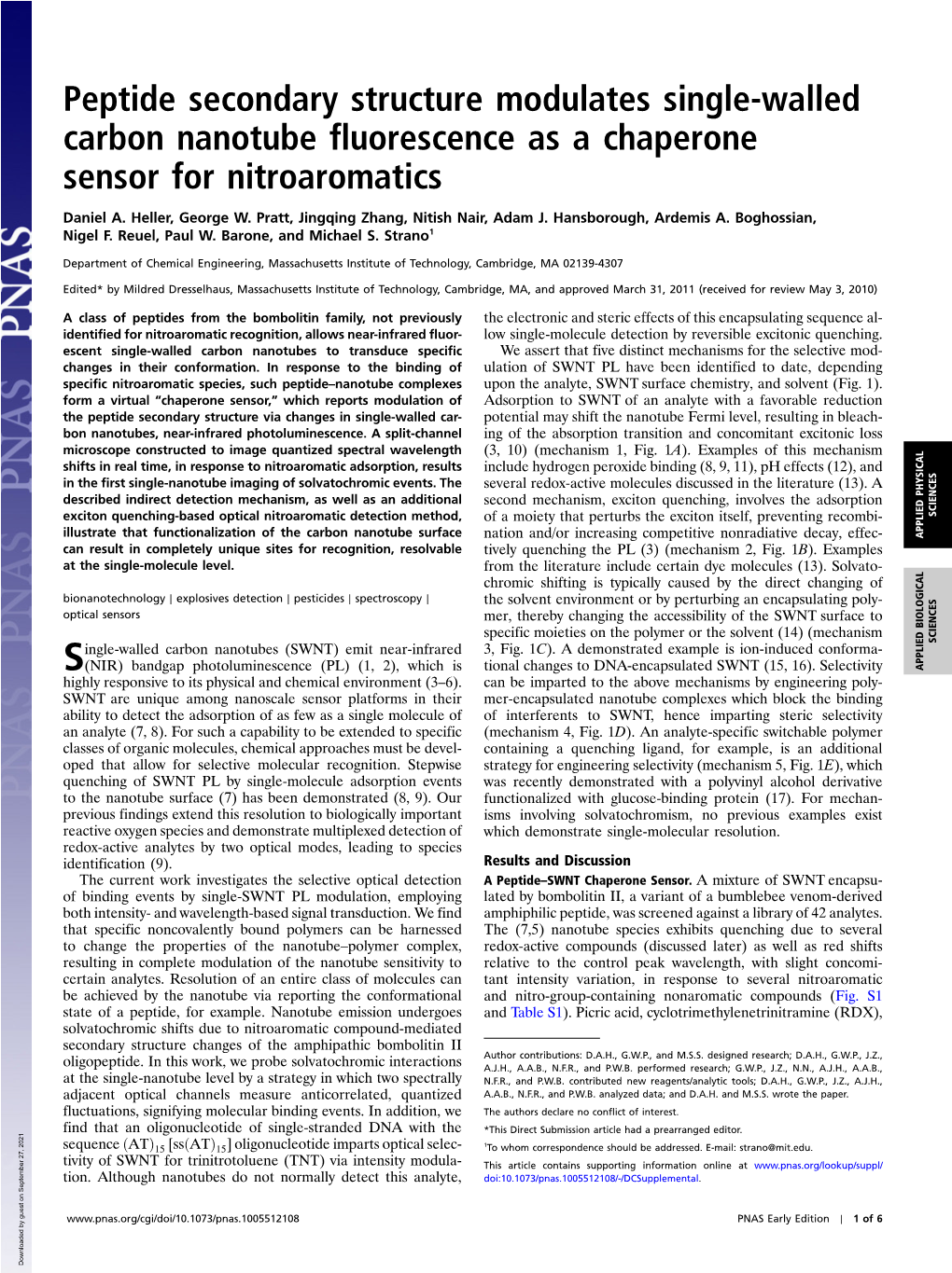 Peptide Secondary Structure Modulates Single-Walled Carbon Nanotube Fluorescence As a Chaperone Sensor for Nitroaromatics