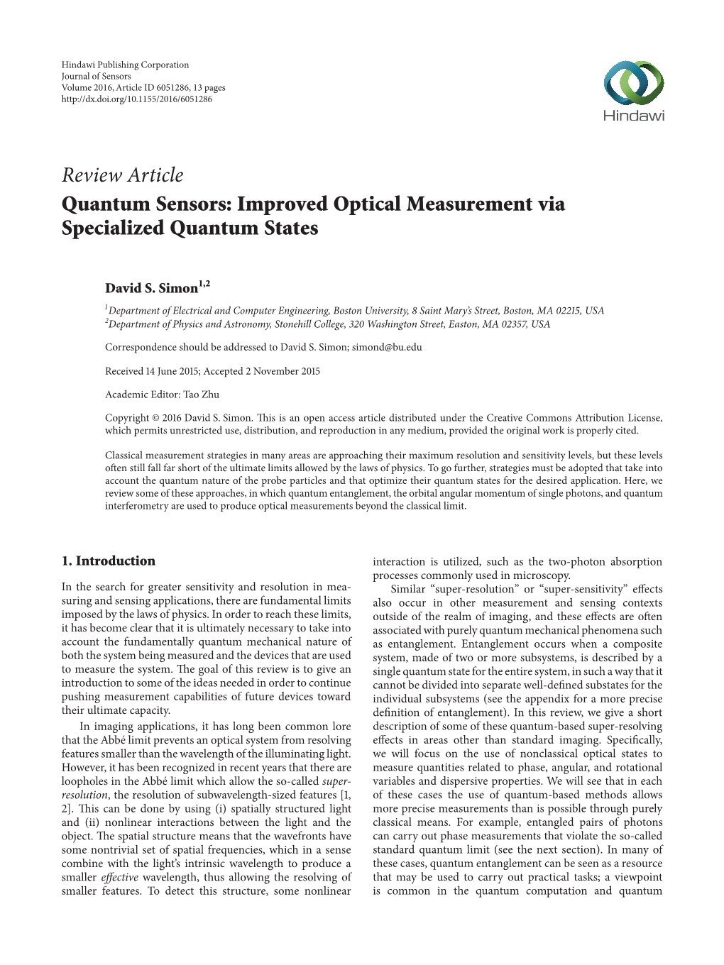 Review Article Quantum Sensors: Improved Optical Measurement Via Specialized Quantum States