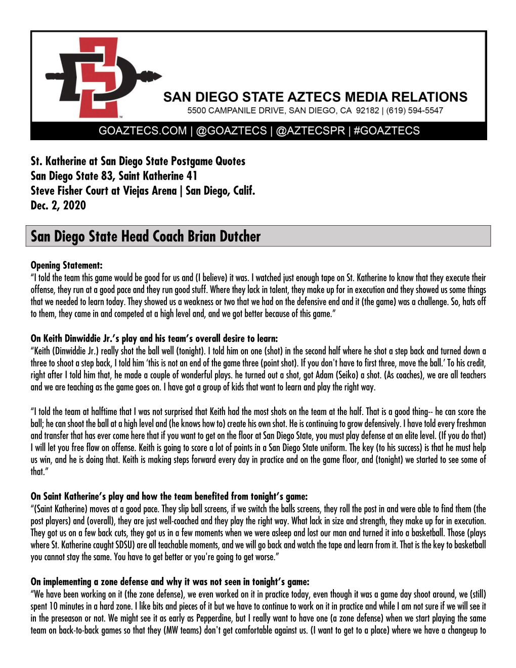 San Diego State Head Coach Brian Dutcher