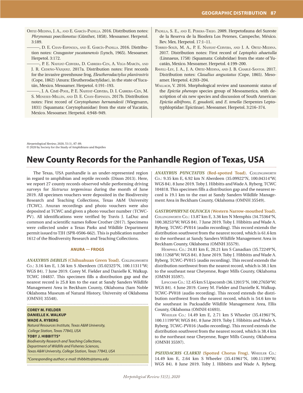 New County Records for the Panhandle Region of Texas, USA