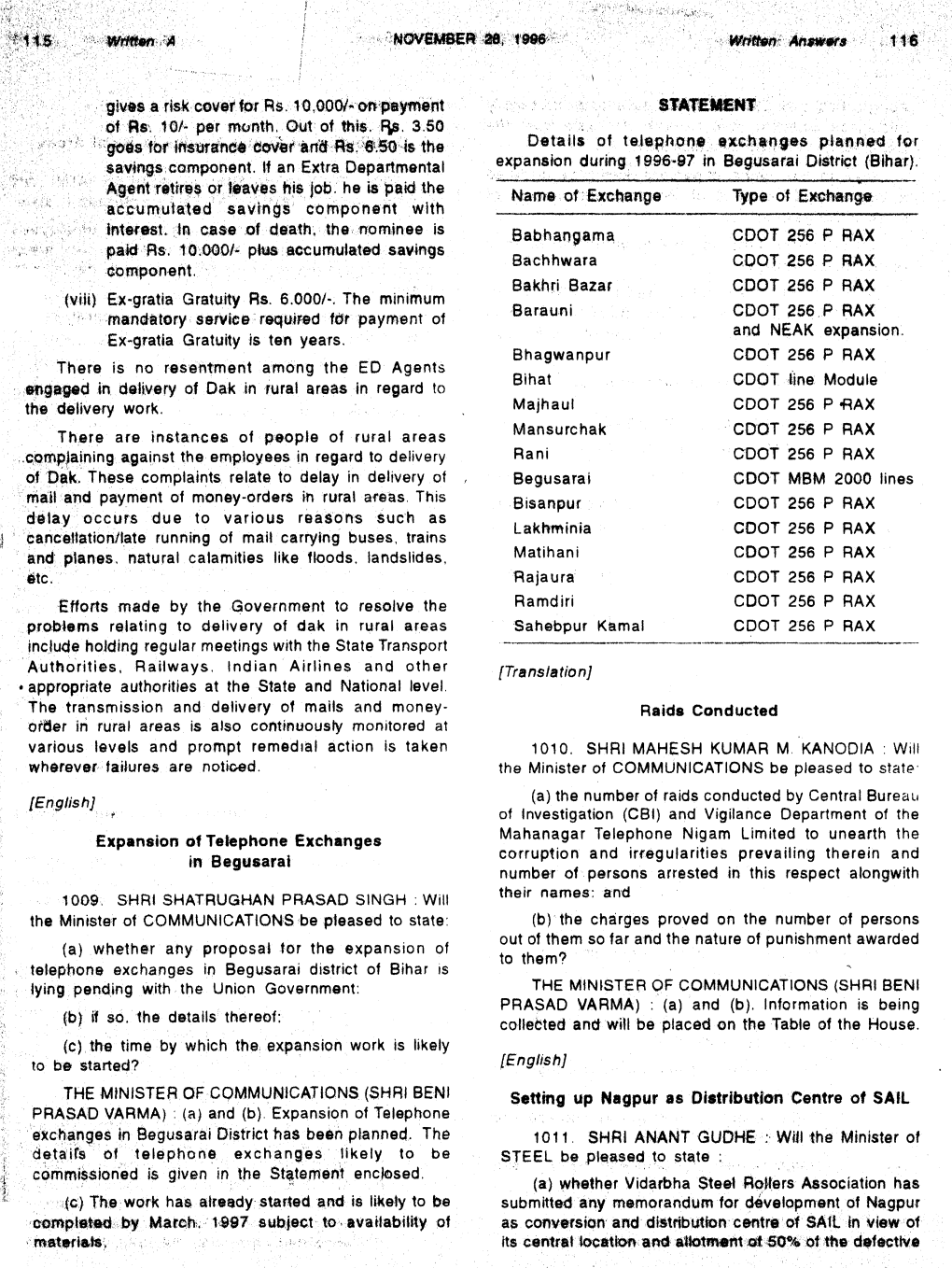 Written a Written Answers Expansion of Telephone Exchanges In