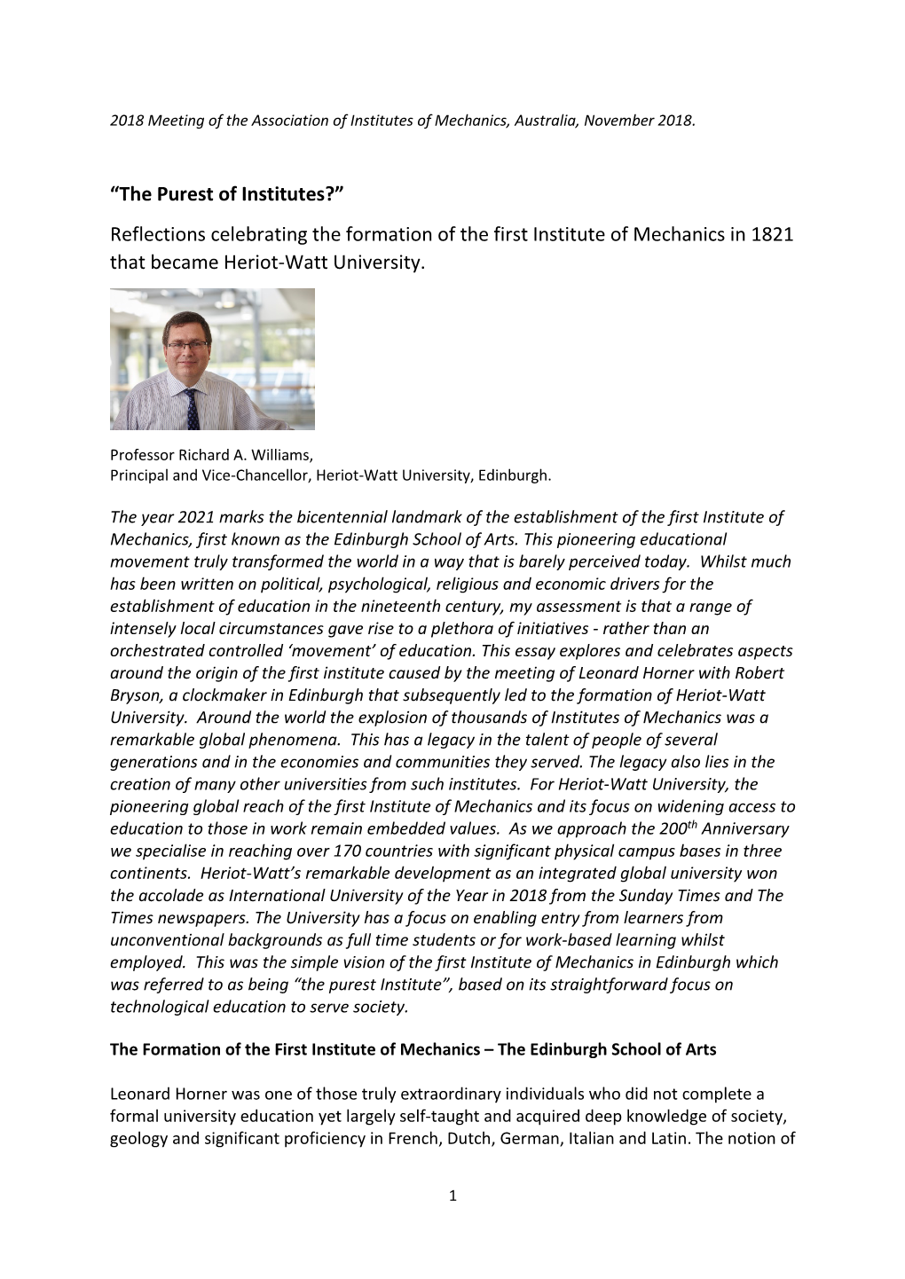 The Purest of Institutes?” Reflections Celebrating the Formation of the First Institute of Mechanics in 1821 That Became Heriot-Watt University