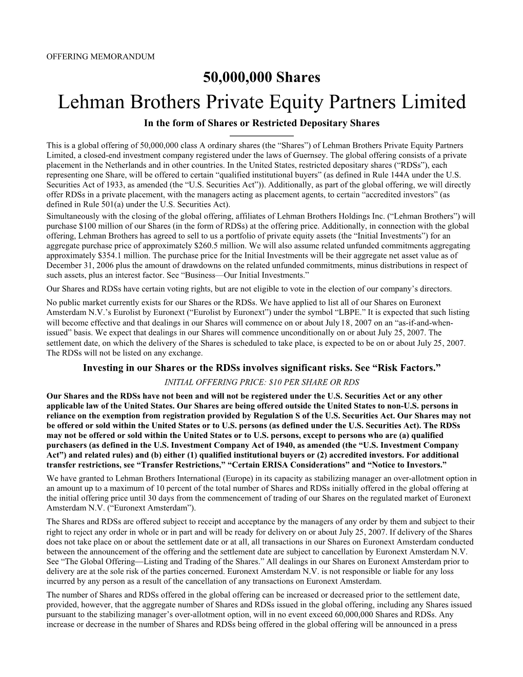 Lehman Brothers Private Equity Partners Limited in the Form of Shares Or Restricted Depositary Shares