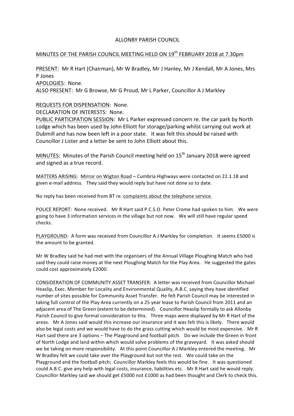 Allonby Parish Council Minutes of the Parish