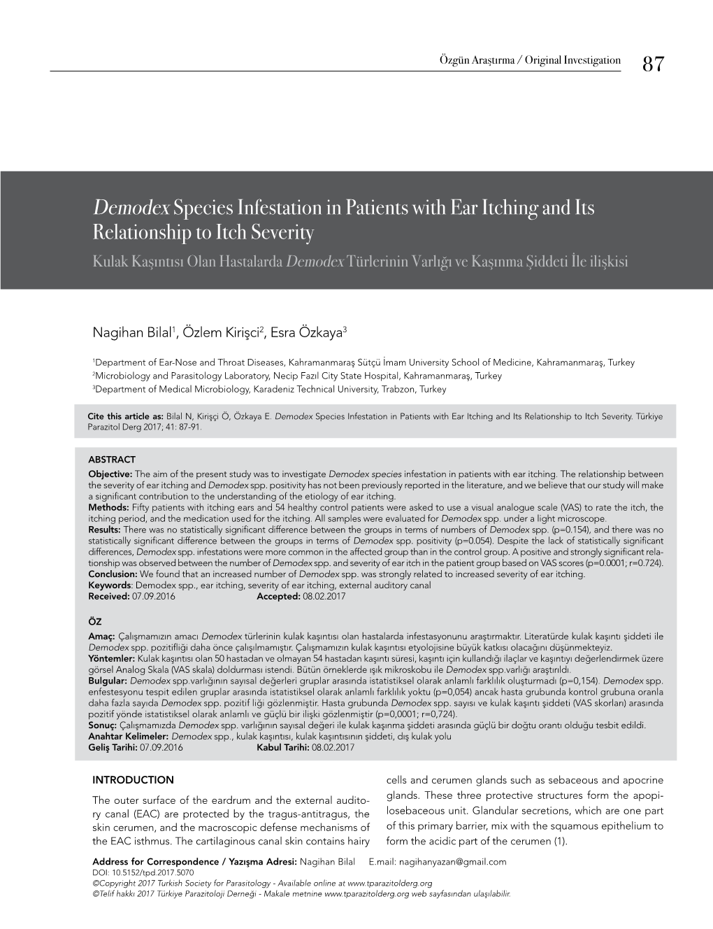 Demodexspecies Infestation in Patients with Ear Itching and Its