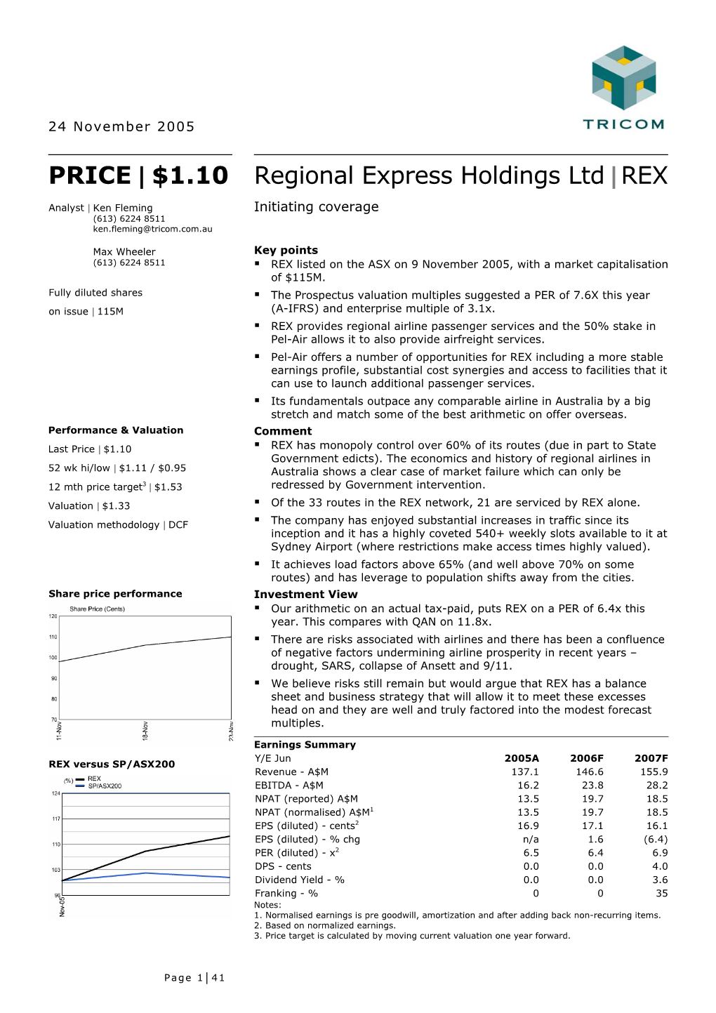 PRICE | $1.10 Regional Express Holdings Ltd | REX