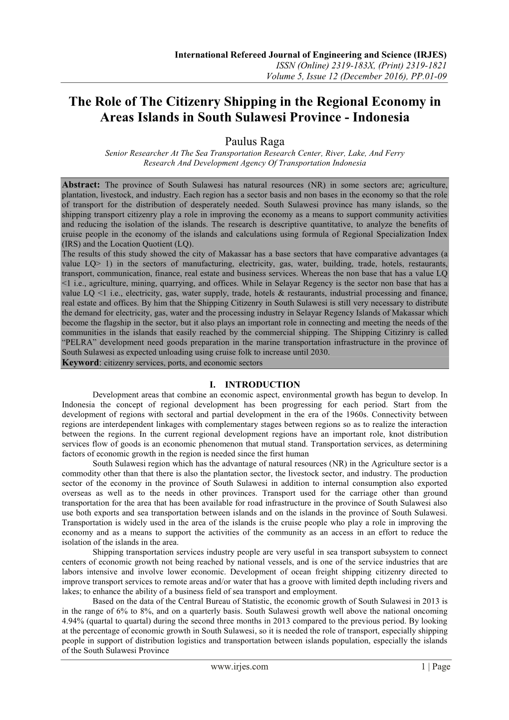 The Role of the Citizenry Shipping in the Regional Economy in Areas Islands in South Sulawesi Province - Indonesia