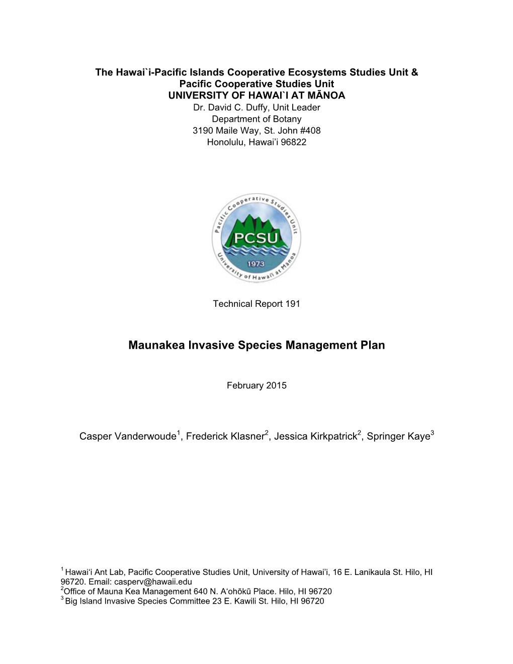 S. Maunakea Invasive Species Management Plan
