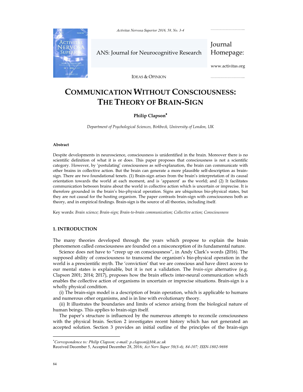 Communication Without Consciousness: the Theory of Brain-Sign