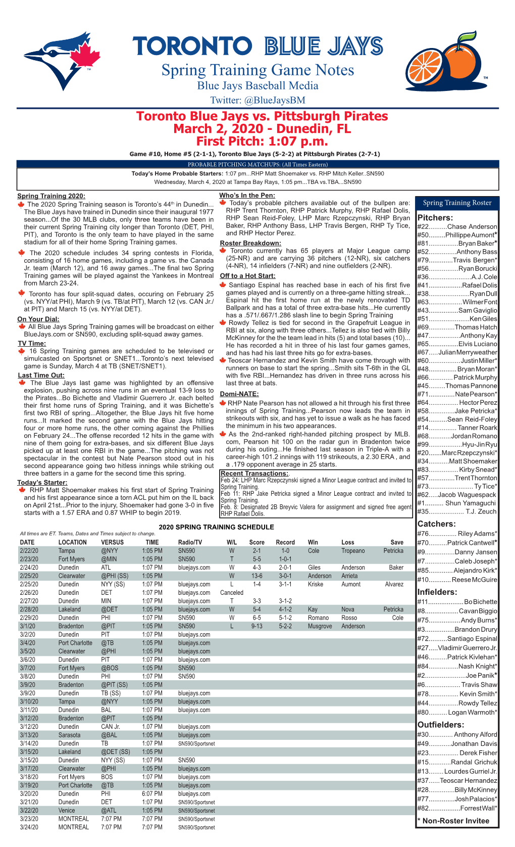 TORONTO BLUE JAYS Spring Training Game Notes Blue Jays Baseball Media Twitter: @Bluejaysbm Toronto Blue Jays Vs