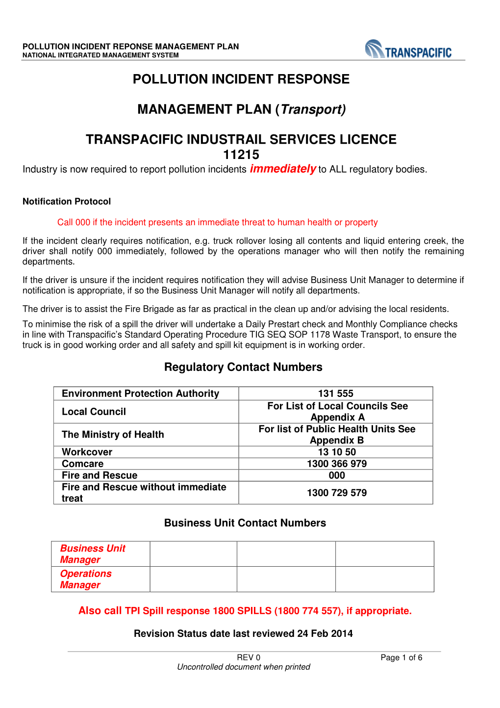 Pollution Incident Response Management Plan National Integrated Management System